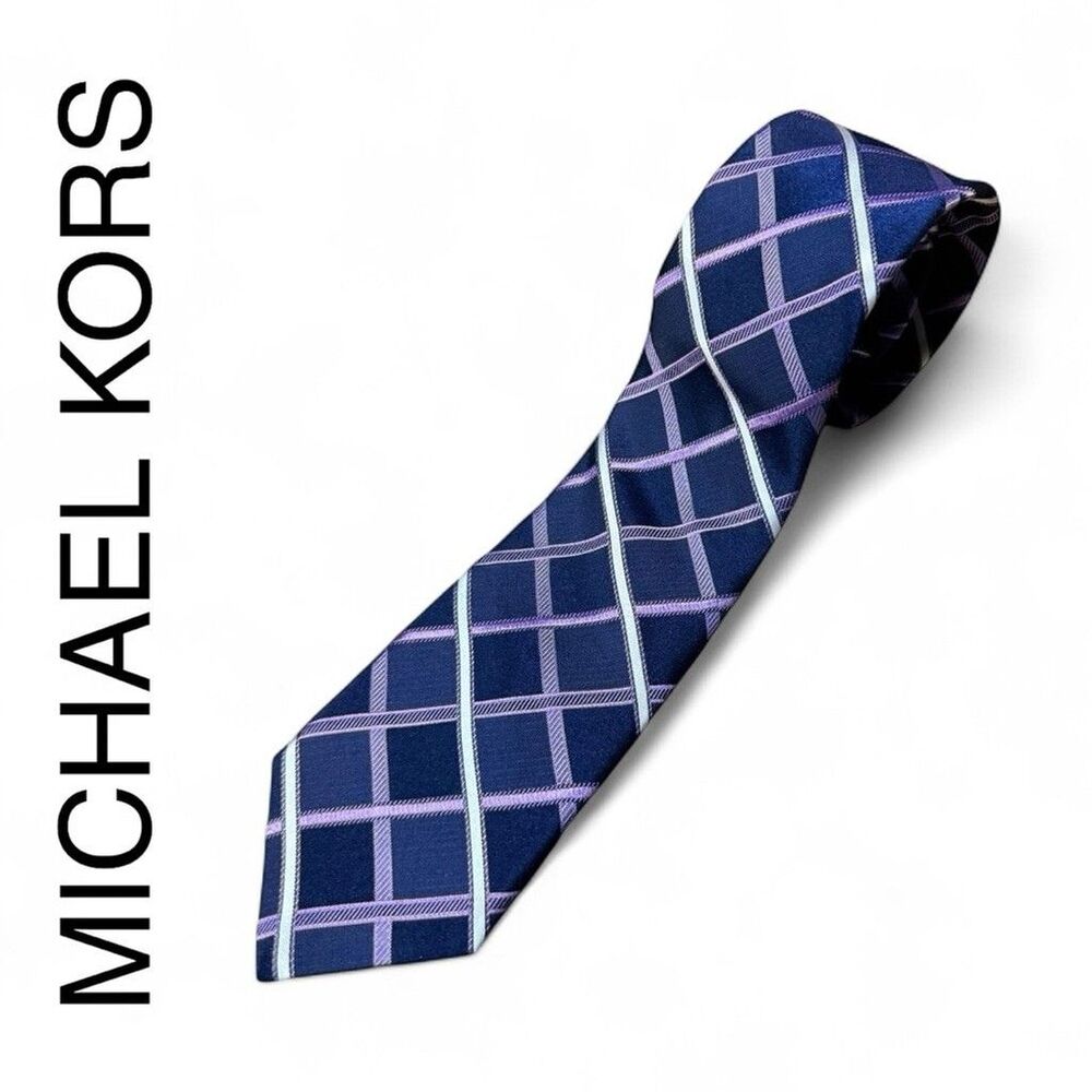 Michael Kors Navy and Lavender Spaced Grid Design Silk Tie